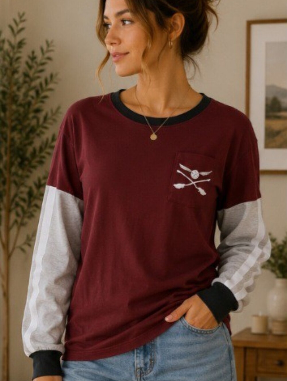 Harry Potter Quidditch Long Sleeve Graphic Tee | Maroon & Gray